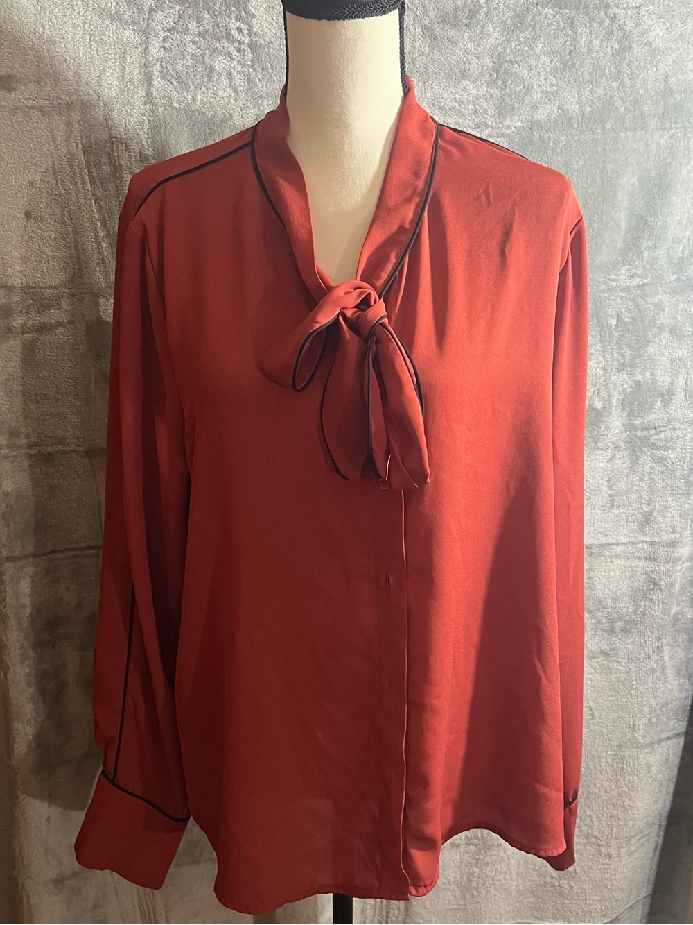 Timing Rust Red Tie-Neck Blouse with Black Piping